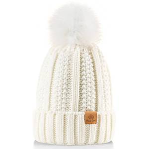 lot 2067 image: PAGE ONE Womens Winter Thick Cable Knit Beanie Faux Fur Pom Hat Fleece Lined Skull Cap White