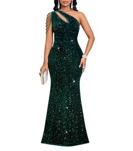 lot 2087 image: Cololura Women Sequin Elegant Sexy One Shoulder Tassel Oblique Collar Mermaid Bodycon Cocktail Evening Dress Green 2XL