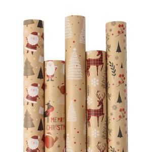 lot 2088 image: Qukou 3 Rolls Christmas Wrapping Paper Mini Roll Kraft Brown Reindeer Woodlands Theme Gift Box Wrap Bag Sheet 17ft x 50ft