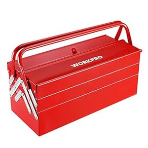 lot 3782 image: WORKPRO Metal Tool Box, 18-inch Cantilever Folding Red Storage Box, 3-Layer 5-Tray Multi-Function Tool Organizer, Red (B09STCLSFY)