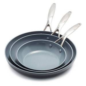 lot 3791 image: GreenPan Valencia Pro 8, 9.5 & 11 Ceramic Frypan Set Black