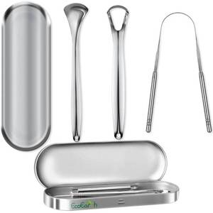 lot 4465 image: Tongue Scraper for Adults - 3 Pcs Metal Tongue Cleaner with Silver Storage Case - Tough Stainless Steel Mouth Scrubber for Fresh Breath & Oral Hygiene - by EcoEarth