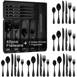 lot 5634 image: A49-Piece Black Silverware Set with Organizer, Stainless Steel Flatware Set for 8 with Drawer Tray, Cutlery Steak Knives Fork Spoon for Home Restaurant, Mirror Finish