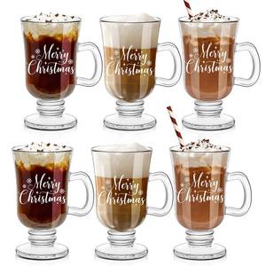 lot 6170 image: Sliner Set of 6 Christmas Glass Coffee Mugs with Handle, 8 oz Clear Irish Coffee Mugs Footed Irish Glasses Christmas Glasses Winter Holiday Cups for Beverages Latte Hot Chocolate (Bright)