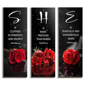 lot 6195 image: DONFENTHY 3 Pcs Red Bedroom Decor Red Rose Wooden Wall Decor Red Bathroom Inspirational Farmhouse Office Decor With SHE Bible Words Signs For Women Girl Bedroom Home (12x4Inch)