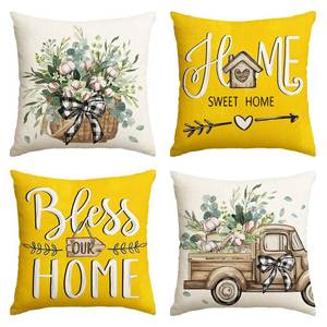 lot 6241 image: AVOIN colorlife Bless Our Home Farmhouse Eucalyptus Leaves Throw Pillow Covers, 16 x 16 Inch Yellow Truck Home Sweet Cushion Case Decorations Set of 4