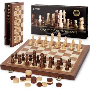 lot 8351 image: 2 in 1 Magnetic Chess Set & Checkers Board Game, 15 Wooden Folding Chess Board with 2 Extra Queens, Portable Travel Chess Set with Pieces Storage Slots, Beginner Chess Board Game for Adults & Kids