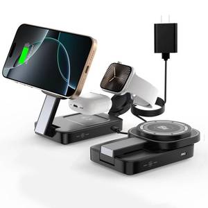 lot 8399 image: Magnetic Wireless Charger for iPhone 17 Pro Max Air 15W 3in1 Fast Mag-Safe Charging Stand for Apple Watch 111098 with PD 30W USB C Adapter and Night Lamp for Air-pods(Black)