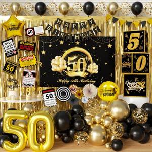 lot 8419 image: 50th Birthday Party Decorations to 50 Years Old Party Supplies for Men with Balloons Garland kit, 50th Birthday Backdrop, Happy Birthday Banner, Foil Balloons and Curtains
