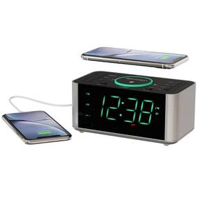 lot 11735 image: Emerson ER100202 Smartset Dual Alarm Clock Radio with USB Port and QI Wireless Phone Charger with Bluetooth, All Qi Compatible Phones