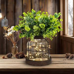 lot 11738 image: Rustic Farmhouse Glass Vases with Green Artificial Eucalyptus Plants & Lights Primitive Vintage Lantern Home Decor Centerpiece for Counter Coffee Table Shelf Desk Office Dining Room Kitchen Bathroom