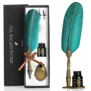 lot 11754 image: VANGOAL Vintage Green Feather Pen and Ink Set, Classic Series Goose Quill Pen with Carving Pen Stand, Calligraphy Pen Nibs, Black Dip Pen Ink, Antique Writing Gift for Writer