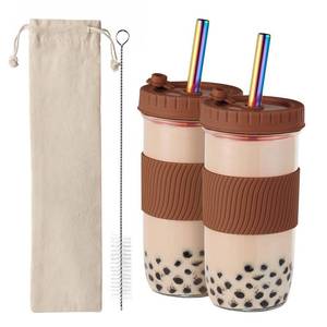 lot 11759 image: Amyoole 2 Pack Reusable Boba Cup,24Oz Wide Mouth Smoothie Cup,mason Jar Glass Cups with Lids and Straws,BubbleBoba Tea Cups,Ice Coffee Tumbler 2 colored straws 1 sponge brush(Brown)