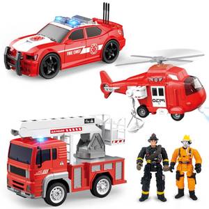 lot 11762 image: DOWELLIN 5 Packs Fire Truck Toys Sets, Friction Powered Vehicle Toy Including Fire Engine,Police Car,Fire Helicopter, 2 Firefighter, with Light&Sound, Toddler Gifts for for 3Year Old Kids Boys Girls