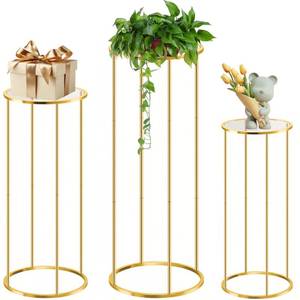 lot 11777 image: OIHYA Cylinder Stands for party, 3PCS Elegant Gold Metal Plant Round Pedestal Stand, Display Stand Tables Cake Stand for Party Weddings Birthday Backdrop Decorations