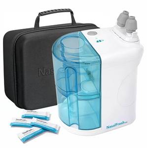 lot 11783 image: NASALFRESH MD Premium Bundle��Dual Powered Nasal Irrigation System Nasal Rinse and Wash, Sinus Decongestant Relief System, 60 Saline Packets, Case, Rechargeable, 2 Sets of Nose Pillows��Snoring Remedy