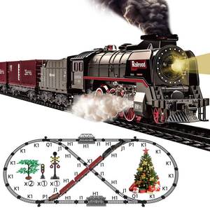 lot 11784 image: Hitish Train Set for Kids, Electric Train Toys with Realistic Light Sounds Smoke, Christmas Train Model Gifts for Toddlers Boys Girls, Steam Locomotive, Luxury Track & 3 Truck Carriages