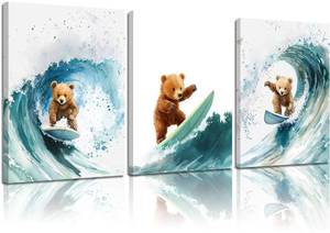 lot 11793 image: KKP Teddy Bear Surf Canvas Prints Wall Art Nautical Nursery Wall Decor Blue Ocean Painting Picture Surf Room Artwork for Coastal Kids Bedroom Bathroom Playroom Home Decoration 12x16 in Wrapped Canvas