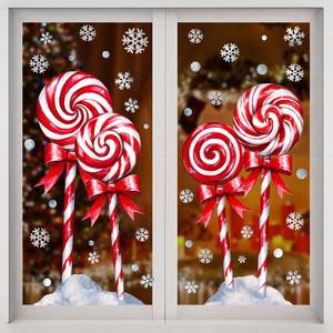 lot 12348 image: Pawliss Christmas Window Clings Decorations 2 Sheets Extra Large Red White Peppermint Lollipop Candy Window Clings, Rustic Vintage Candy Snowflakes Xmas Decals for Home Office Holiday Party D�cor