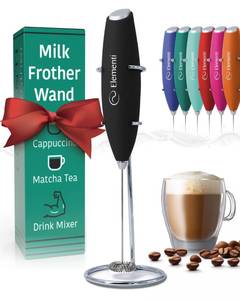 lot 12360 image: Milk Frother Wand & Electric Stirrer with Stand - Turbo Coffee & Milk Frother Handheld - Hand Held Coffee Mixer Wand & Cold Foam Maker for Frothy Cappuccinos, Lattes & Drink Mixes at Home (Black)