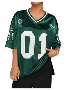 lot 12362 image: Floerns Womens Football Jersey Shirts for Women Oversized Sports Jersey Letter Print V Neck Team Shirts Half Sleeve Custom Jersey Green Small