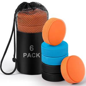 lot 12386 image: Simgoing 6 Pack Rubber Ice Hockey Pucks Weighted 10oz Lightweight 4oz Official Regulation Weight 6oz Training Puck Diameter 3 Thickness 1 with Mesh Carrying Bag for Stick Handling Training Drills