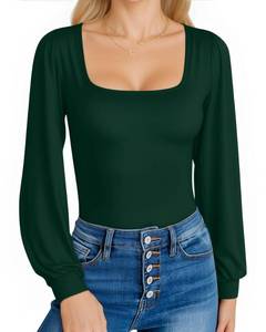 lot 12389 image: MANGOPOP Square Neck Puff Sleeve Bodysuit Loose Lantern Long Sleeve Body Suit for Women for Going Out, Deep Green, Large