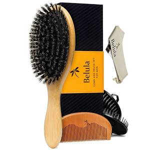 lot 12403 image: Belula Boar Bristle Hair Brush Set for Men - Soft Mens Hair Brush for Thin, Normal & Short Hair - Includes Wooden Comb, 2 Palm Brushes & Travel Bag - Best Hair Brushes for Men
