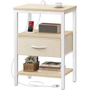 lot 13289 image: SUPERJARE Nightstand with Charging Station, Bed Side Table with Adjustable Fabric Drawer, Night Stand for Bedroom, 3-Tier Storage End Table, for Living Room, White Maple