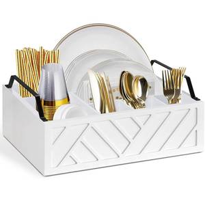 lot 13313 image: Paper Plate Dispenser and Holder for Kitchen Counter, Wood Rustic Silverware Utensil Caddy, Cutlery Flatware Organizer Box for Cups Spoons Forks Napkins, Kitchen Accessories (White)