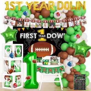 lot 14294 image: Fiesec First Year Down Birthday Party Decorations, Football 1st Birthday Decorations, Touchdown Backdrop Balloon Banner Cake Topper Box, Baby Boy First Sport Party Supplies