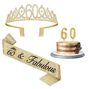 lot 14316 image: 60th Birthday Decorations for Women Gold with Sash and Tiara, Gold Number Candles, 60th Birthday Gifts for Women
