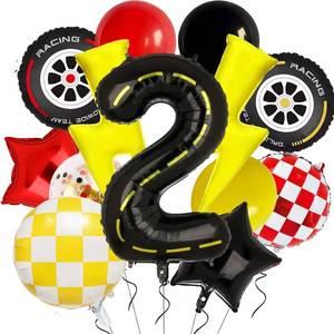 lot 14318 image: Race Car 40 Inch Racetrack Number 2 Balloons Large Tire Lightning Bolt Foil Balloon Two Fast Racing for Boys 2nd Cars Themed Birthday Party Decorations Supplies 13Pcs