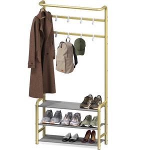 lot 15260 image: Simple Houseware Coat Rack with Storage Shelf, Freestanding Hall Tree with Hooks for Entryway, Bedroom, Office, Black Metal Clothes Hanger Stand for Coats, Hats, Jackets, Bags - Champagne Gold