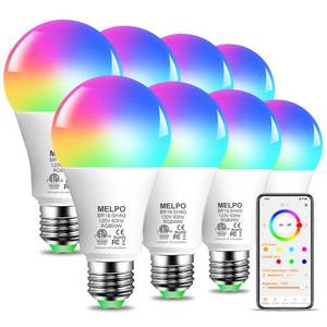 lot 16379 image: MELPO Smart RGB Light Bulbs Work with Alexa, 12W(130W Equivalent), 2700K-6000K��A19 E26 Bluetooth Color Changing Light Bulb, 16 Million Colors-DIY FlashFade - Timing-DIY Scenes- Music Sync (8 Pack)
