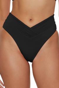lot 16385 image: BECCA Womens Standard Color Code High Waisted Shirred Bikini Bottom, Cheeky Coverage, Swimwear Separates, Black, X-Small