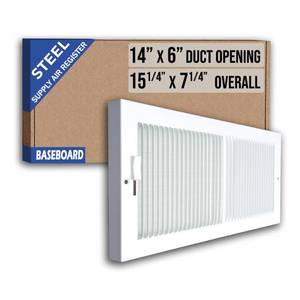 lot 16424 image: Fits 14x6 Duct Opening  Steel Baseboard Air Supply Grille with Multi-Shutter Damper by Handua  Air Register Vent Cover Grill  White  Outer Dimensions 15-14 x 7-14