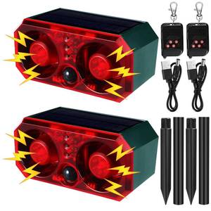 lot 5673 image: Qualirey 2 Pcs Solar Outdoor Motion Sensor Alarm with Stake Animal Deterrent Dog Barking Sensor 13 Sound 130db Loud Noise Maker 4 Mode with USB Remote Control Support Recording Volume Adjustment