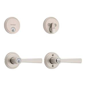 lot 5681 image: Trafford Keyed Entry Handle and Single Cylinder Deadbolt Combo Pack featuring SmartKey Security in Satin Nickel four pack