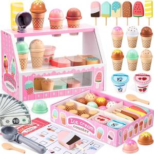 lot 5688 image: WHOHOLL Wooden Ice Cream Counter Playset for Toddler Girl Toys, Play Store Pretend Toy Food Play Kitchen Accessories with Fake Money & Coin, Christmas Birthday Gifts for 3 Year Old Kids (Pink)