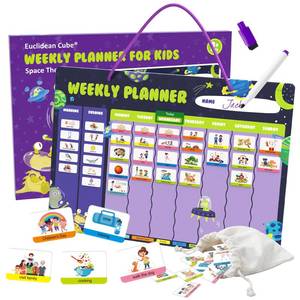 lot 5691 image: Weekly Planner for Kids - Magnetic Behavior Board Calendar with 237 Magnets, Storage Bag, Cord & Pen - Daily Routine and Chore Chart - Visual Schedule for Kids 3 Year Old (Space Theme)