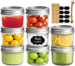 lot 5696 image: ComSaf Mini Mason Jars 4oz - 8 Pack, Regular Mouth Mason Jar with Lids and Seal Bands, Small Glass Canning Jar for Spice, Jam, Honey, Jelly, Dessert, Shower Wedding Favors, DIY Candles Decor