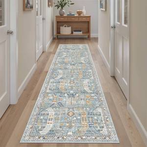lot 5697 image: Madane Runner Rug 2x8, Washable Hallway Runner Rugs, Non-Slip Low-Pile Soft Kitchen Rug Runner Laundry Room Rug, Vintage Throw Entry Foyer Mat for Entrance Living Room (BlueGold, 2 x 8)
