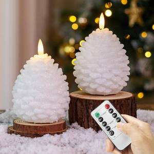 lot 5710 image: AFINETH Christmas Flameless Pinecone Candles with Remote, Real Wax Battery Operated Pine Cone Candles, 2 Pack Flickering Led Candle Christmas Decorations for Winter Home Holiday Xmas Gift, White