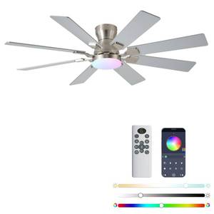 lot 5738 image: JSAITEE 52 inch Ceiling Fan with Light, 6 Speeds Reversible Low Profile Ceiling Fan with Light and RemoteAPP Control, 3 Color TempDimmable RGB, 8 Blades, Flush Mount Quiet Ceiling Fans, Nickel
