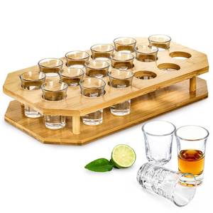 lot 5745 image: SOUJOY 16 Shot Glass Server Tray Set, 1 oz Shot Glass Set with Bamboo Tray, Party Serving Holder for Bar, Pub, Party, Club Drinking One of the cups has chip on the room swipe design flaw