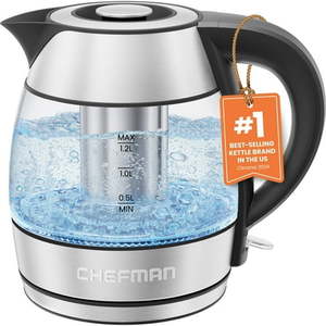 lot 5754 image: Chefman Rapid Boil 1.2L Electric Tea Kettle w Tea Infuser and Removable Lid - Stainless Steel  New
