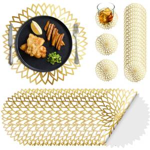 lot 6331 image: Geosar 200 Disposable Paper Placemats and Coasters Set Summer Hawaiian Luau Placemat with Coasters Outdoor Indoor for Greenery Jungle Dining Table Decoration Shower Birthday(Gold Round)