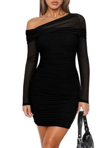lot 6332 image: REORIA Womens Long Sleeve Mini Dress One Shoulder Sheer Mesh Ruched Bodycon Off Shoulder Sexy Short Dresses 2025 Fall Outfits Black Onyx Small