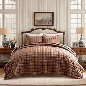 lot 7561 image: EVERGRACE Pearl Velvet Quilt King Size Bedding Sets, Luxurious Soft Velvet Comforter Set, Lightweight Box Stitching Oversized Bedspread Coverlet for All Season, with 2 Shams, Terracotta Clay